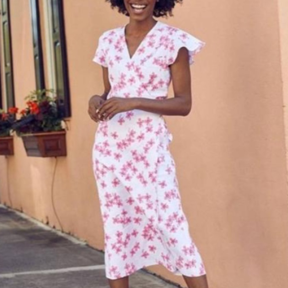 Draper James white and pink floral linen wrap dress flutter sleeves NWT